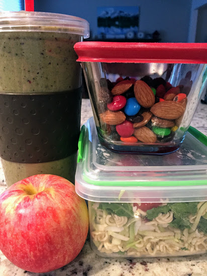 Smoothie, Trail Mix, Salad, Apple in food storage containers