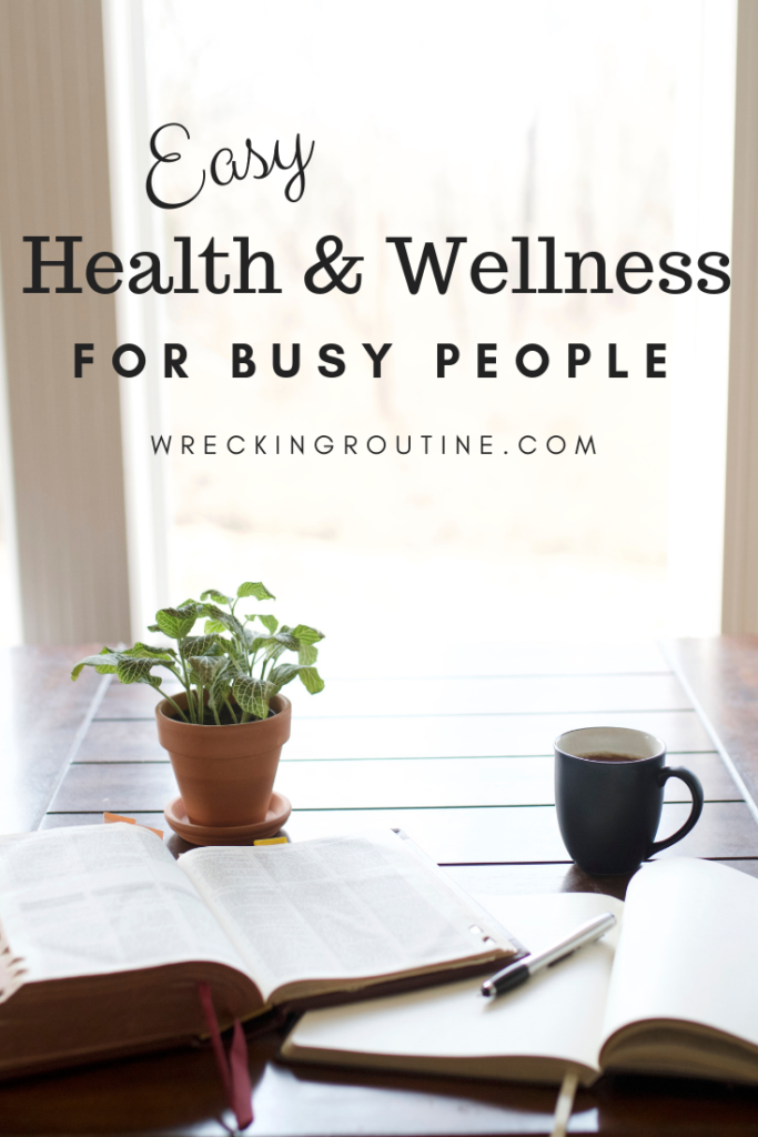 A window with a table, plant, and coffee cup. Text says Easy Health and Wellness for busy people