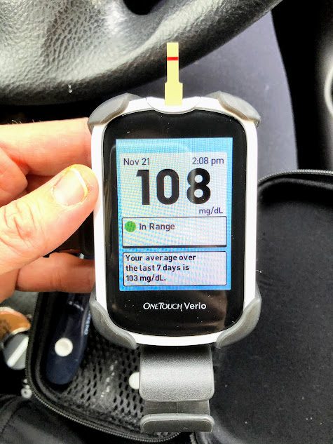 Glucose test strip monitor in car to manage a gestational diabetes diagnoses.