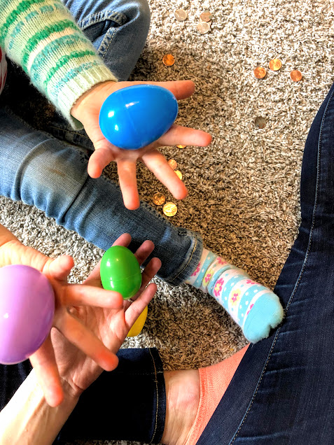 Easter eggs with coins inside for no screen activities for kids