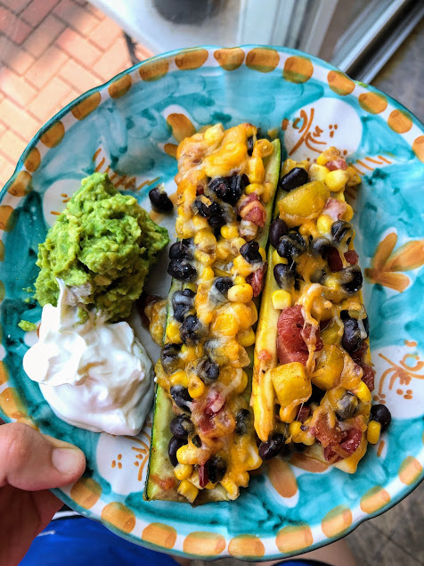 blue plate with tex mex zucchini boats