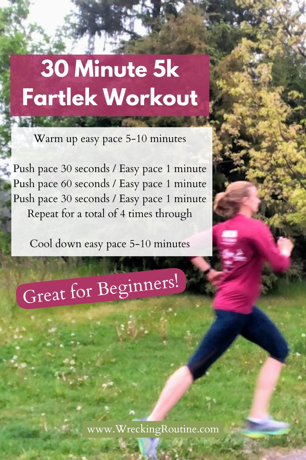 Woman running in long sleeve shirt and capris for a 30 minute 5k fartlek workout