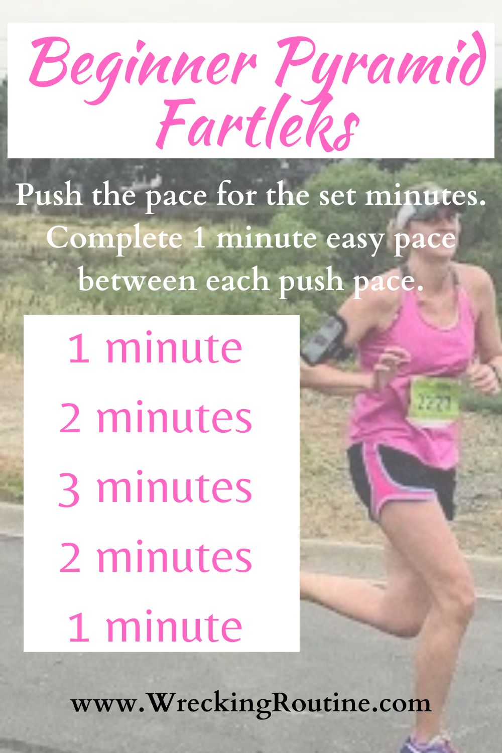 woman running in a pink tank top with the beginner fartlek workout written next to her
