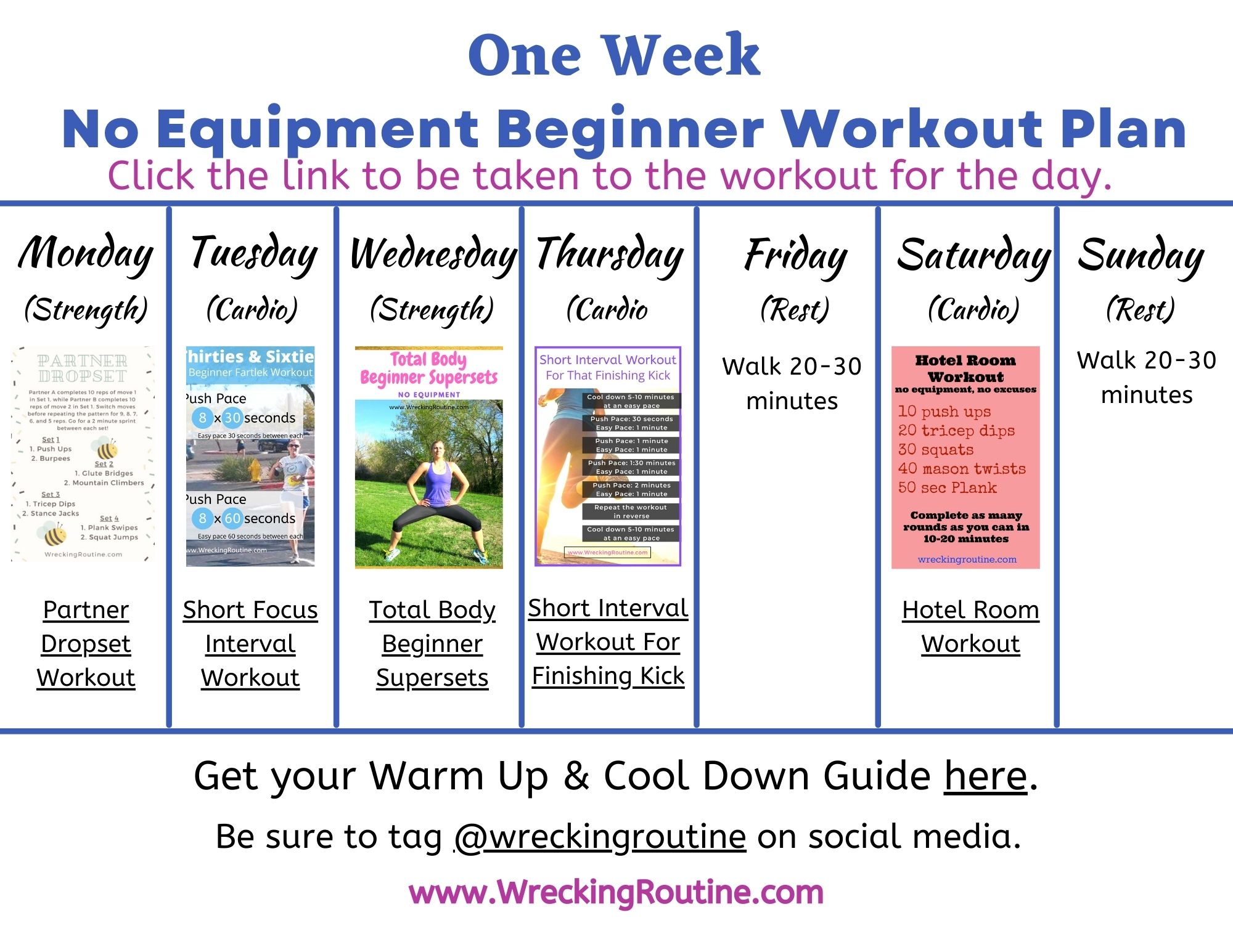 one week no equipment beginner workout plan written out in calendar form