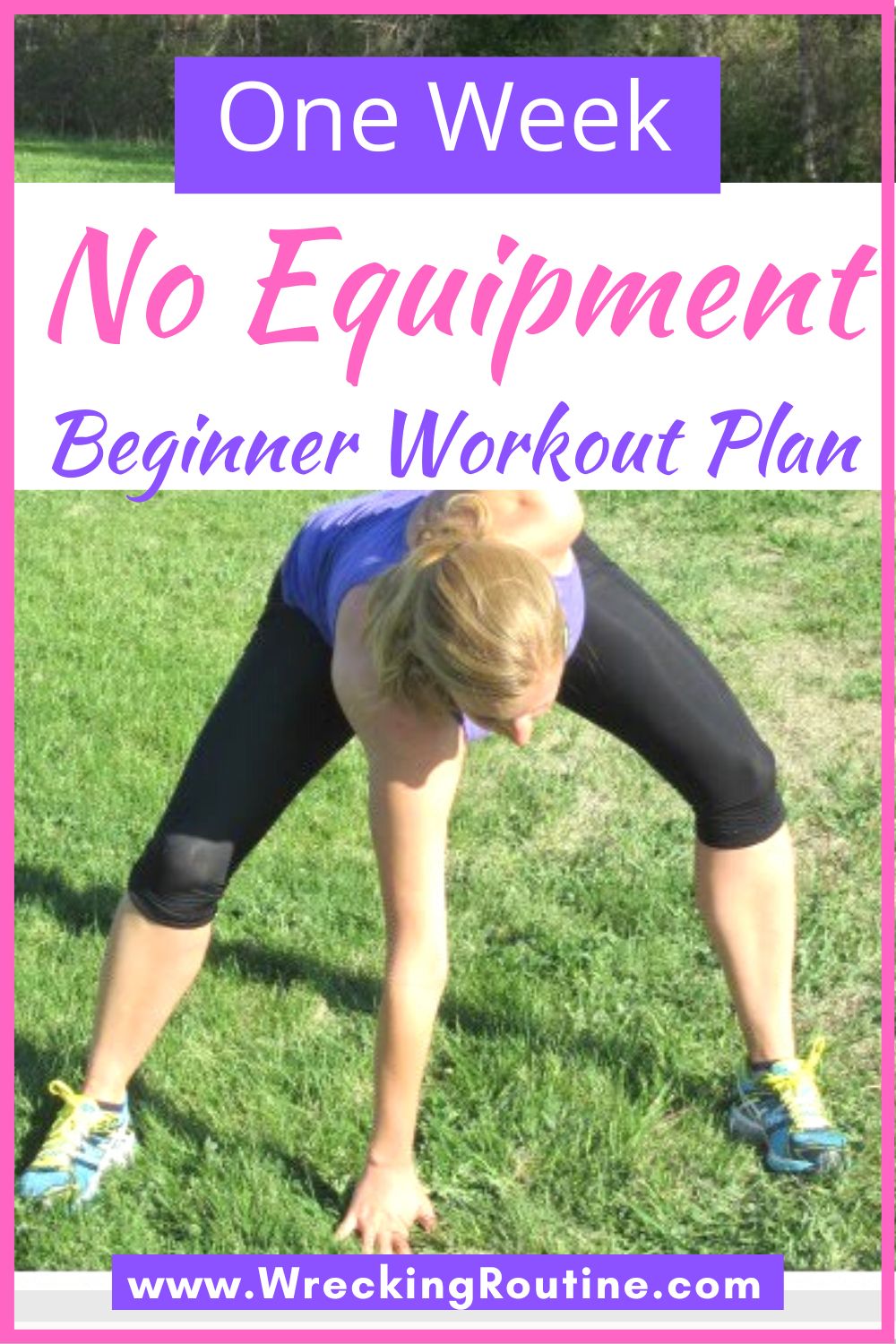 One Week No Equipment Beginner Workout Plan with a woman doing a stance jack