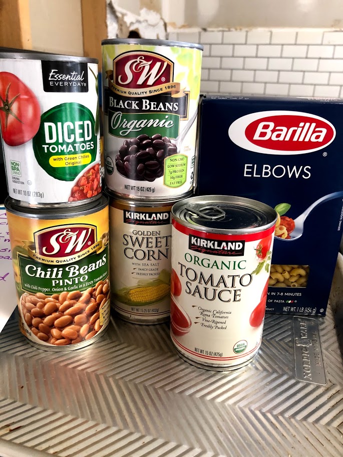 cans of ingredients for chili mac