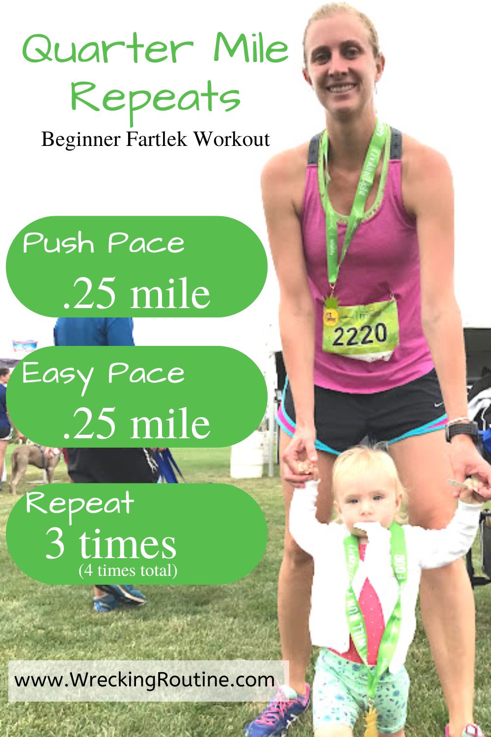 Woman in a pink tank top with a race medal around her neck helping a girl walk for quarter mile repeats beginner fartlek workout