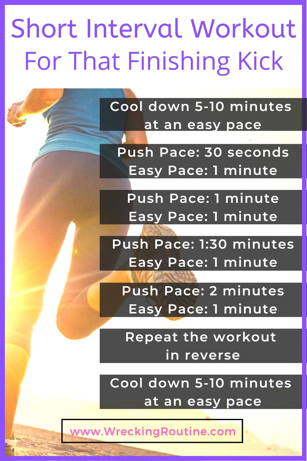 Short interval workout for that finishing kick with a woman running into the sunrise in the background