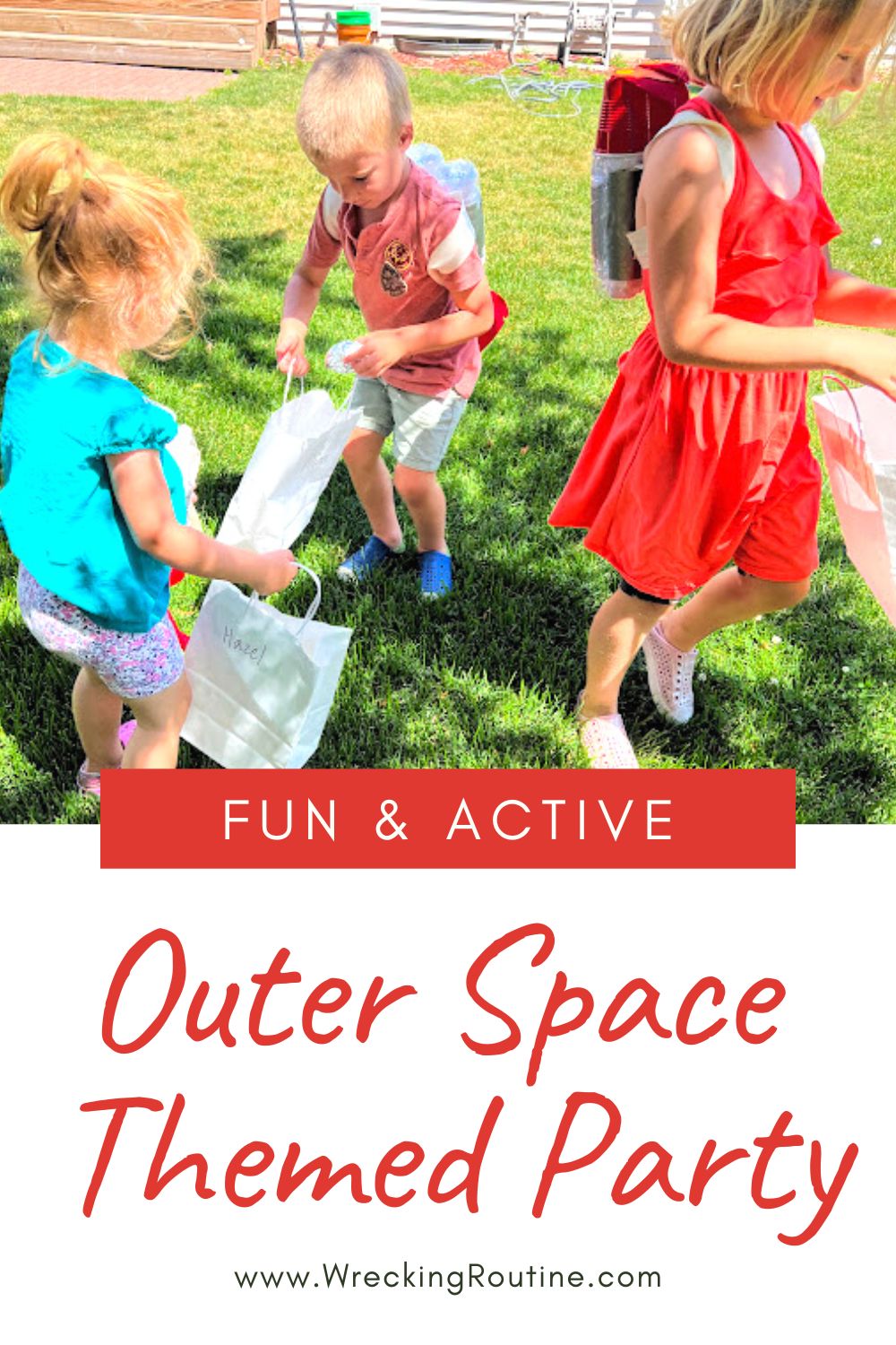 fun and active outer space themed party with three kids wearing jetpacks on a moon rock hunt