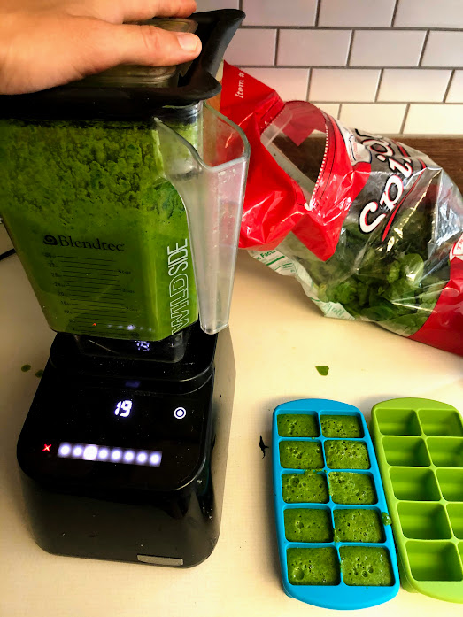Blended spinach going into ice cube trays to eat more greens